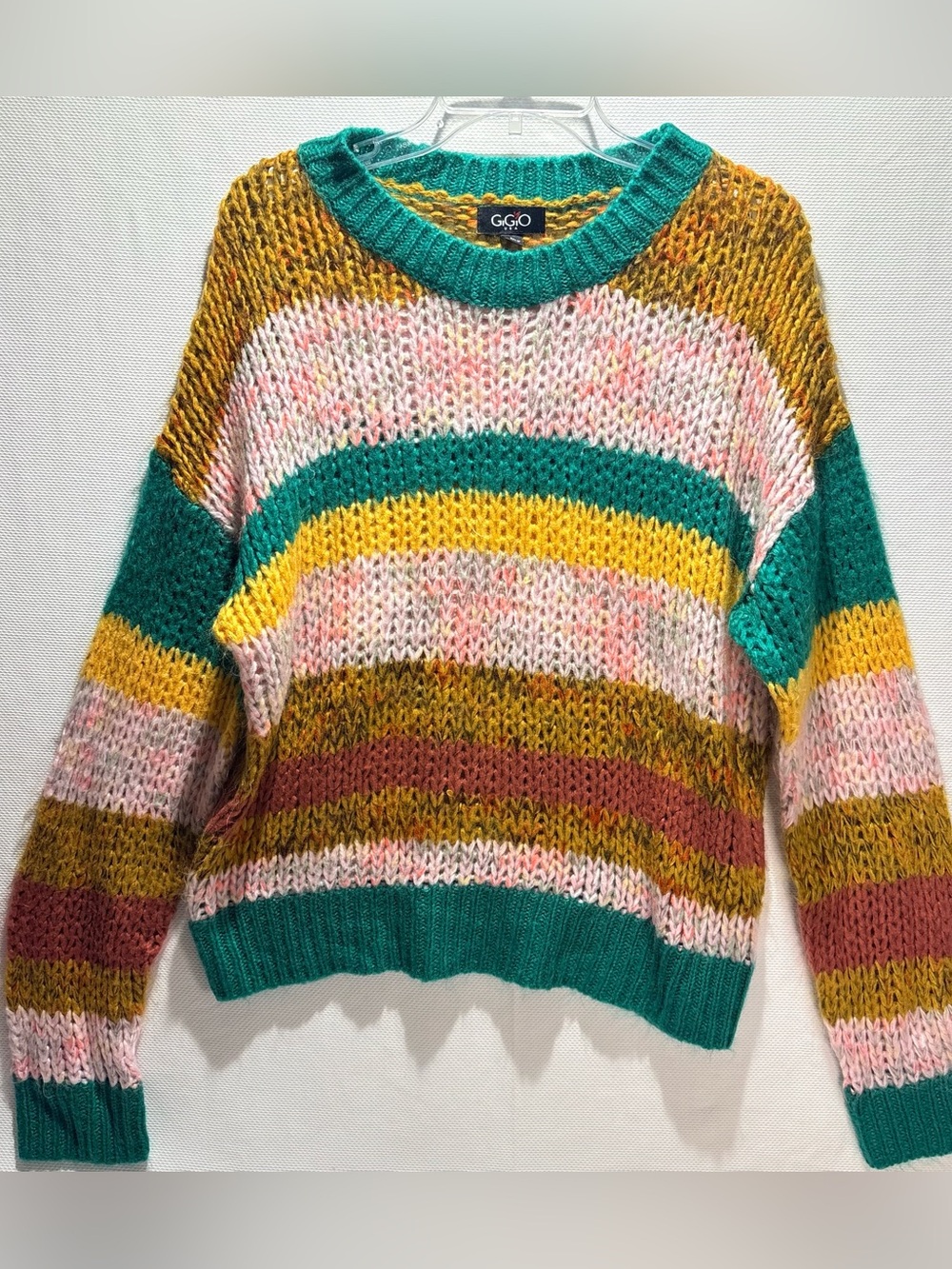 G.G.O Striped Crewneck Sweater in Teal, Mustard & Pink